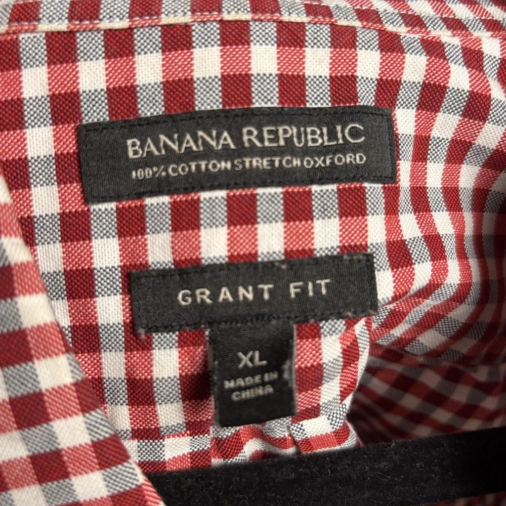 Banana Republic Grant Fit Mens XL Red Gingham Cotton Stretch Oxford Shirt 0378